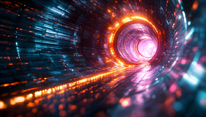 Poster - A mesmerizing digital tunnel filled with vibrant lights and dynamic colors, creating a sense of depth and motion.