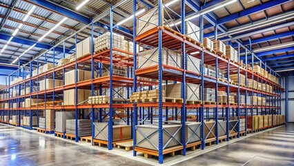 Metal warehouse shelving units with multiple tiers hold containers, crates, and boxes in a well-organized and efficient storage system for industrial or commercial use.