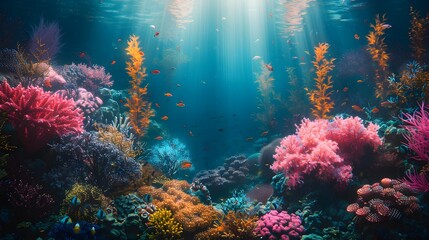 Canvas Print - Mesmerizing Underwater Coral Kingdom with Vibrant Marine Life and Glowing Gardens