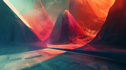 Poster - abstract digital landscape with layered geometrical shapes, glowing grids, and digital textures. background or wallpaper 