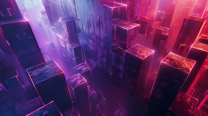 Poster - abstract digital landscape with layered geometrical shapes, glowing grids, and digital textures. background or wallpaper 