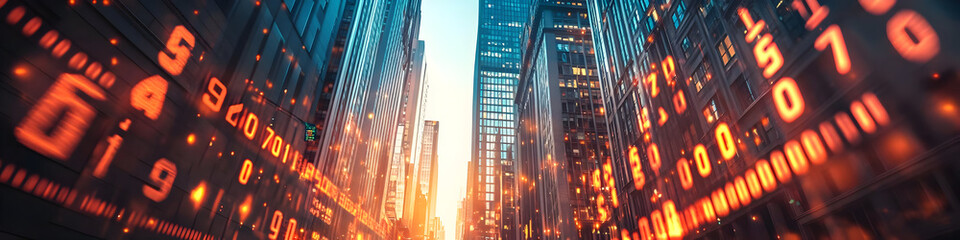 Wall Mural - Vibrant cityscape with digital numbers, symbolizing technology and progress, illuminated by the warm glow of a sunset.