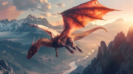 Poster - Majestic Dragon Soaring Over Serene Landscape with Mountains and Rivers