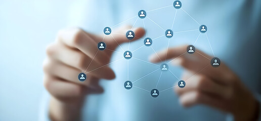 Poster - Hands connecting with digital network icons representing social interaction and connectivity in a modern technology setting.