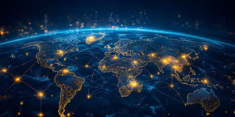 Poster - A captivating view of the Earth showcasing illuminated cities with interconnected networks, symbolizing global connectivity and technology.