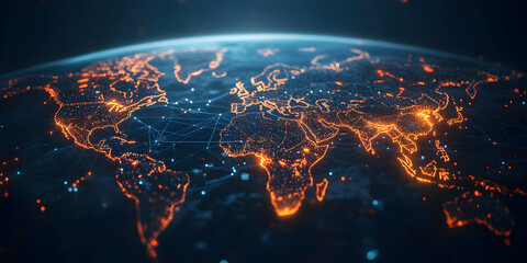 Poster - A captivating aerial view of illuminated continents with intricate network connections, depicting global technology and connectivity.
