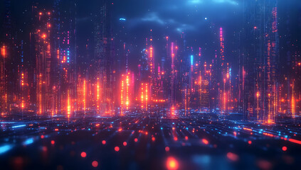 Poster - A vibrant digital landscape illuminated by colorful lights, representing technology and innovation in a futuristic setting.