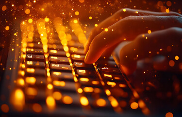 Poster - A close-up of a hand typing on a glowing keyboard, surrounded by shimmering particles creating a warm, digital atmosphere.
