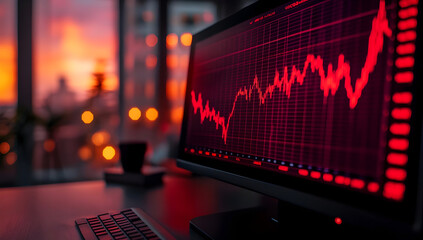 Poster - A vibrant image of a financial graph displayed on a monitor, highlighting trading trends against a sunset background.