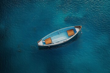 Canvas Print - Small Boat Drifting in Calm Blue Waters - An aerial view of a small wooden boat drifting peacefully in a vast expanse of crystal-clear blue water, symbolizing tranquility, serenity, solitude, and free