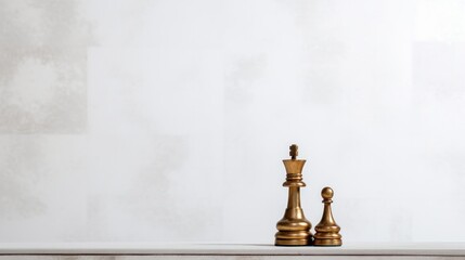 Golden chess pieces are placed against a stark white wall.