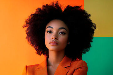 Sticker - Young businesswoman , and office attire against backdrop of warm orange and cool green