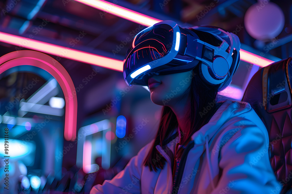 A futuristic scene featuring a young woman fully immersed in a virtual ...