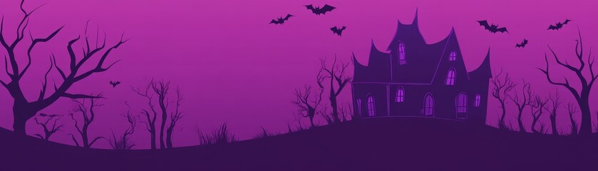 Canvas Print - Spooky Halloween Night with Haunted Mansion and Flying Bats - A silhouette of a haunted mansion with glowing windows, set against a purple twilight sky with flying bats and bare trees, symbolizing mys