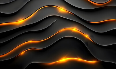 Poster - Abstract waves of dark material illuminated by glowing orange lines, creating a modern and sleek design for digital backgrounds.