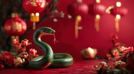 Statue of a snake and Chinese lanterns. Celebration of the Chinese New Year, 2025 year of the Snake