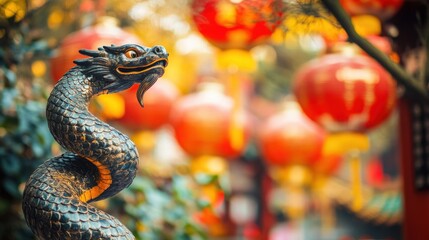 Wall Mural - Statue of a snake and Chinese lanterns. Celebration of the Chinese New Year, 2025 year of the Snake