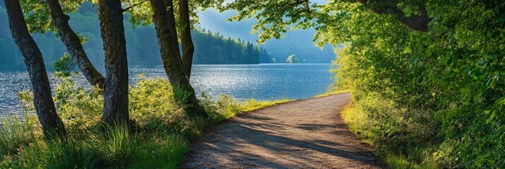 Poster - Tranquil Path Leading to a Serene Lake - A picturesque path winds through lush greenery, offering a glimpse of a tranquil lake in the distance, symbolizing peace, exploration, nature, beauty, and tran