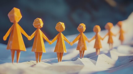 unity, teamwork, and collaboration: a row of paper figures holding hands - a row of simple, orange p