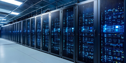 Poster - A modern data center showcasing rows of high-tech server racks with vibrant blue lighting and advanced digital infrastructure.