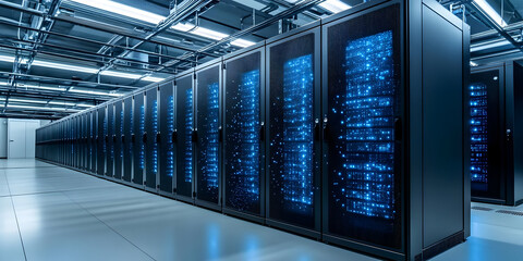Poster - A modern data center featuring rows of server racks, illuminated by blue lights, showcasing advanced technology and digital infrastructure.