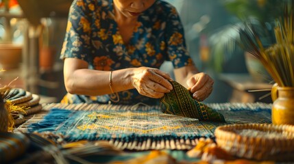 Skilled Thai Artisans Crafting Vibrant Traditional Handicrafts with Intricate Details and Local Heritage