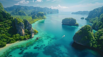 Poster - Stunning Turquoise Lagoon with Limestone Cliffs and Lush Tropical Foliage Scenic Thailand Landscape