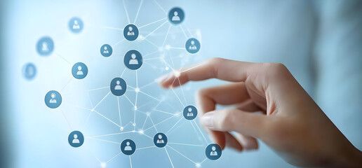 Poster - A hand interacting with a digital network of user icons, symbolizing connection and communication in a virtual space.