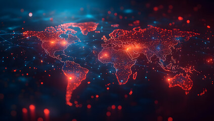 Poster - A vibrant digital world map illuminated with red and blue lights, showcasing interconnected global networks and technology.