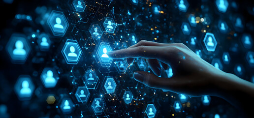 Poster - A hand interacting with digital user icons, representing modern technology and network connectivity in a futuristic setting.