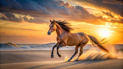 Naklejka na meble Serene majestic horse gallops freely along a tranquil desert beach at sunset, with wind-blown mane and tail, surrounded by endless soft golden sand dunes.
