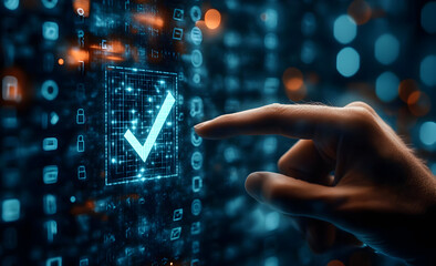 Poster - A hand interacting with a digital interface, highlighting a checkmark symbol on a glowing screen, symbolizing validation and approval.