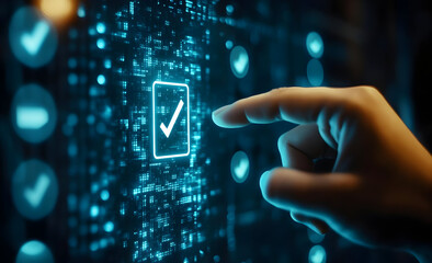 Poster - A hand interacting with digital technology, selecting a confirmation button on a glowing touchscreen interface.