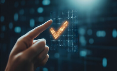 Poster - A hand touches a digital checkmark symbol on a futuristic touchscreen, representing approval and digital confirmation.
