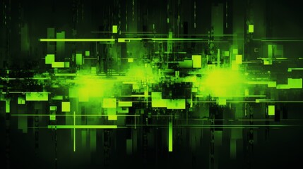 Fototapete - Abstract Digital Green and Black Background with Glitch Effects