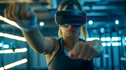 Poster - Fitness Trainer Guiding Virtual Workout Class with VR Headset in Engaging Digital Environment