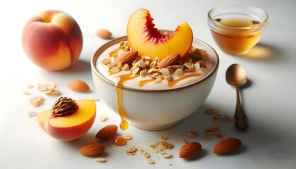 bowl with peach yogurt with granola, sliced almonds, and a drizzle of peach syrup, isolated on a white background