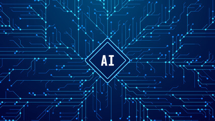 Fototapete - Abstract AI Digital Circuit Board Tech Background. Technology Connected Blue Lines Electronics Elements BG. Computer Motherboard Processor Chip. Neural Network Concept. Vector Illustration.