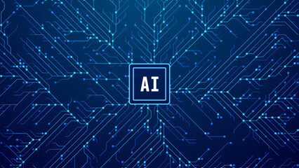 Fototapete - Abstract AI Digital Circuit Board Tech Background. Technology Connected Blue Lines Electronics Elements BG. Computer Motherboard Processor Chip. Neural Network Concept. Vector Illustration.