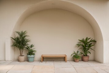 Wall Mural - A minimalist alcove with a simple wooden bench and potted plants 