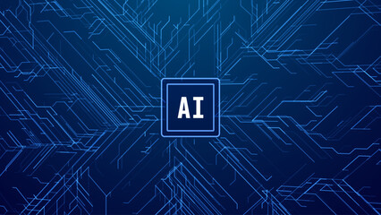Fototapete - Abstract AI Digital Circuit Board Tech Background. Technology Connected Blue Lines Electronics Elements BG. Computer Motherboard Processor Chip. Neural Network Concept. Vector Illustration.