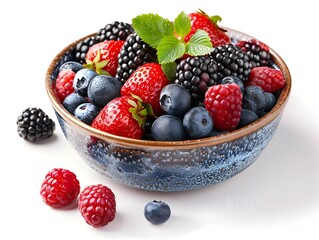 Poster - Vibrant Medley of Fresh and Juicy Berries in a Rustic Bowl on White Background