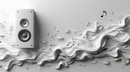 Fototapete - White Speaker with Music Notes Flowing. A white speaker on a white background with music notes flowing around it.