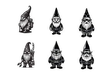 set of gnome vector art silhouette logo design black and white 