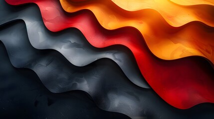 Fototapete - Abstract Wavy Shapes in Vibrant Colors. Abstract digital artwork featuring vibrant, wavy shapes in red, orange, grey and black. The image presents a bold, dynamic.