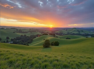 Wall Mural - A tranquil sunset over rolling green hills with lush grass in the foreground and distant mountains under a soft sky. Generative AI.