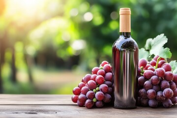 Sunlit red wine bottle with fresh grapes on wooden table outdoors