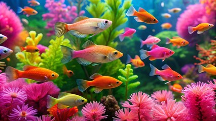 Vibrant platy and molly fish swim together in a colorful aquarium, surrounded by lush green plants and pink coral, creating a peaceful underwater scene.