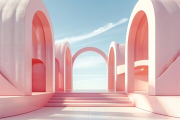 Poster - 3d Render, Abstract Surreal pastel landscape background with Architecture modern building and geometric arches , created ai