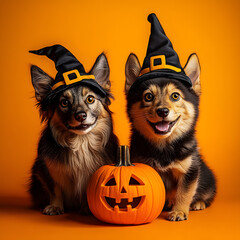 Wall Mural - cat and dog, wearing costume for halloween. friend with orange backgound. halloween theme.